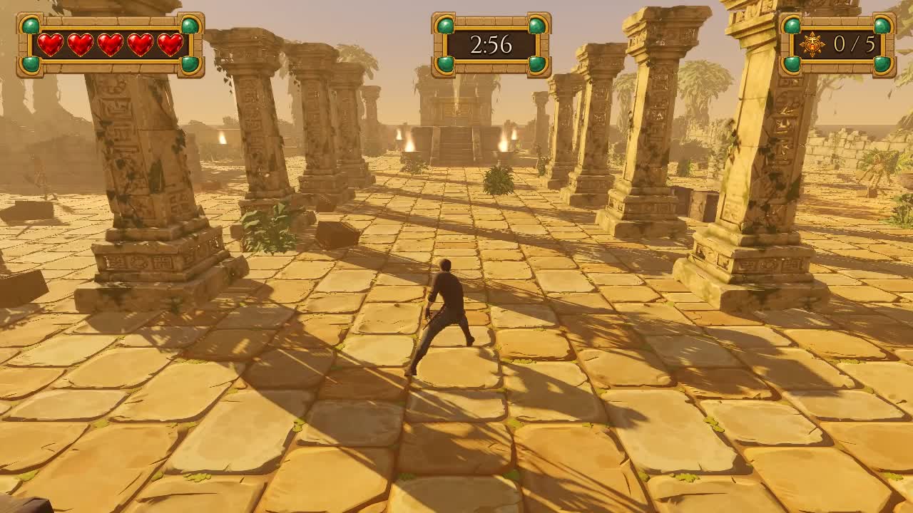 A 3D temple courtyard game built with Meshy models: warm sandstone pillars and an explorer