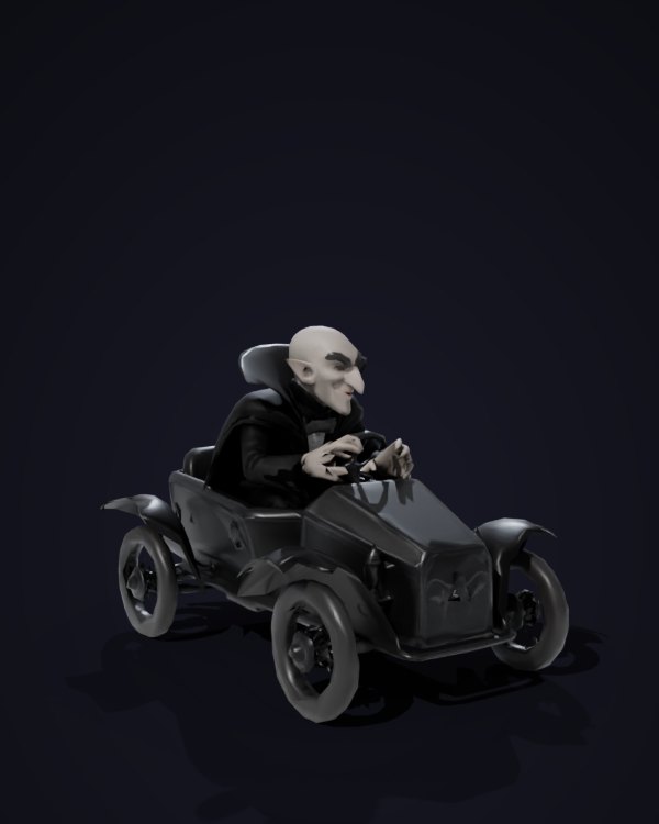 A gothic go-kart with a pale, caped driver, a Forge 3D model