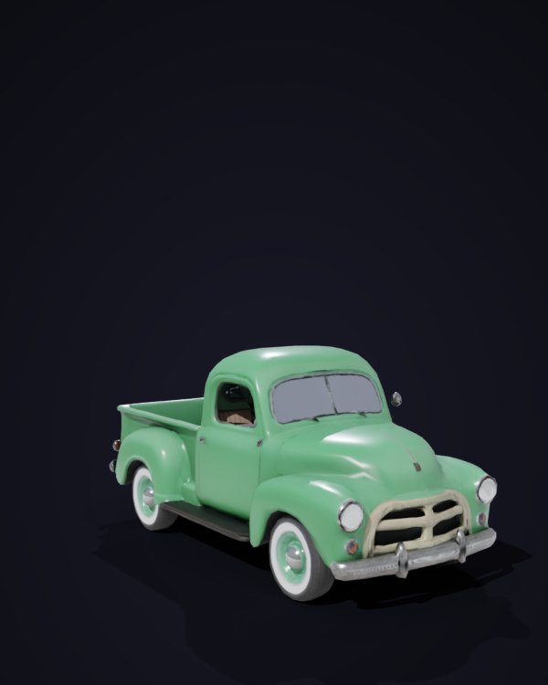 A rounded vintage pickup truck in mint green with whitewall tyres, a Forge 3D model