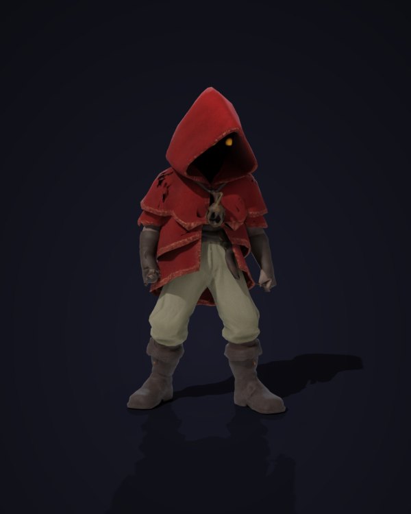 A hooded wanderer in a layered red cloak and boots, a Forge 3D model