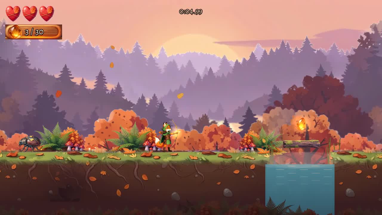 The Forge build of the same platformer: a brighter forest with soft violet hills and orange trees