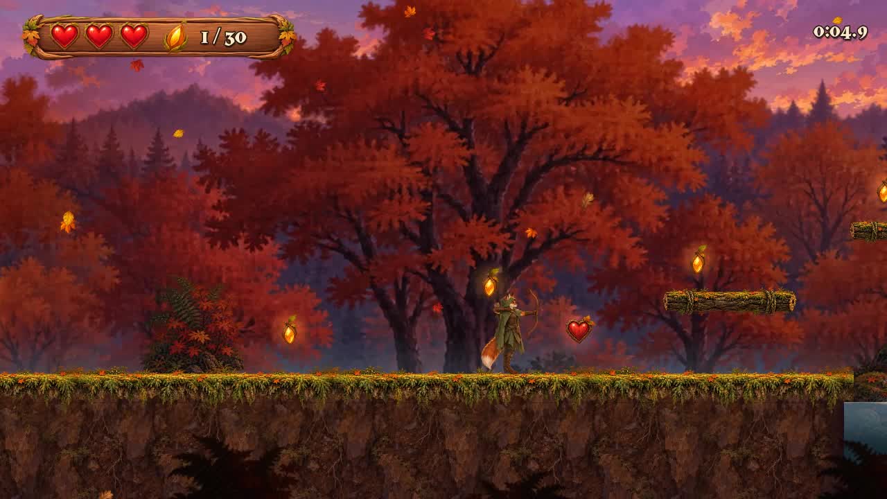 The standard build of the platformer: a dense, deep red autumn forest painted behind the fox