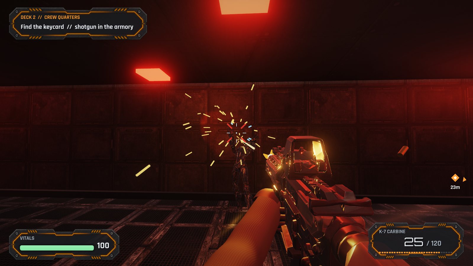 A first-person view in a red-lit ship corridor: a rifle fires a burst into a security android, with hit markers at the crosshair, sparks flying off it and spent brass in the air.