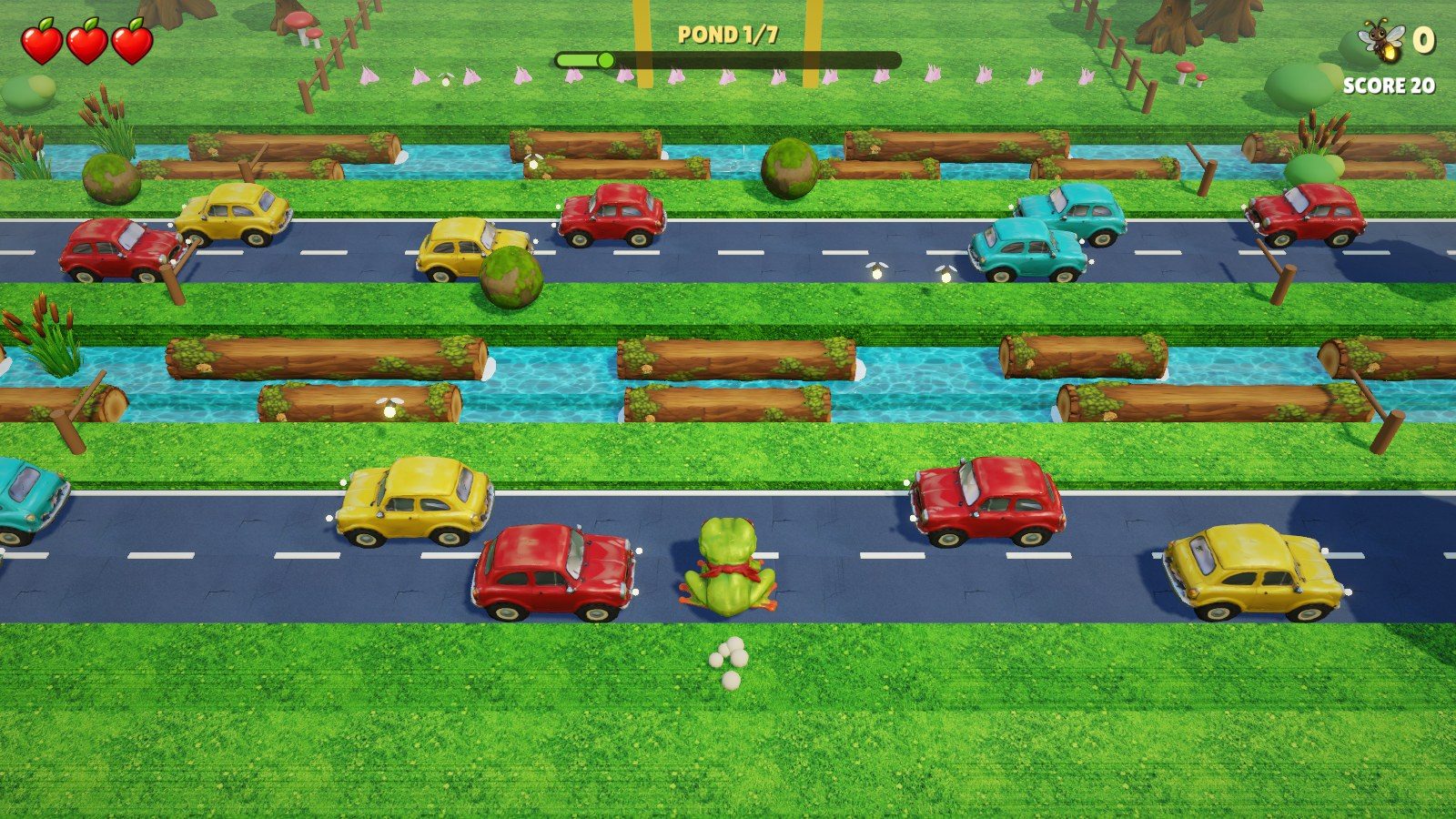 A 3D top-down view of a frog crossing a busy road between rows of cartoon cars, with logs floating down a river beyond.