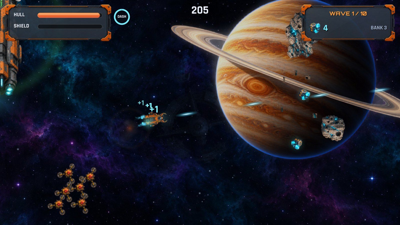 A small spacecraft firing at a swarm of orange drones beside a ringed gas giant, with asteroids drifting past and a hull and shield readout in the corner.
