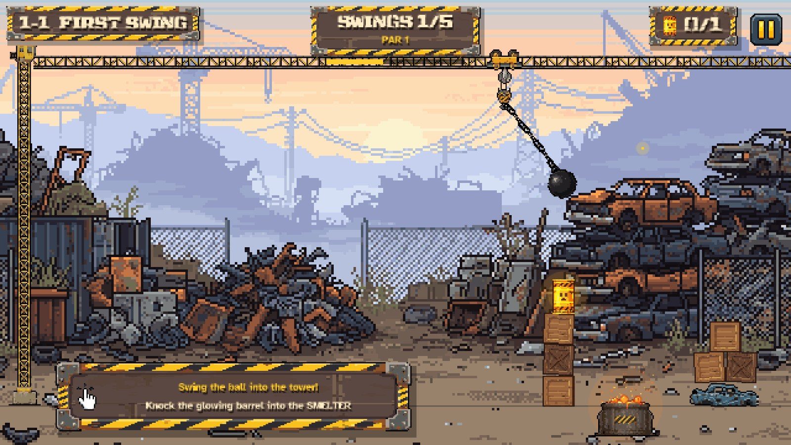 A pixel-art scrapyard with a crane gantry across the top, a wrecking ball swinging on a chain toward a stack of crates with a glowing barrel on top, and a smelter on the ground.
