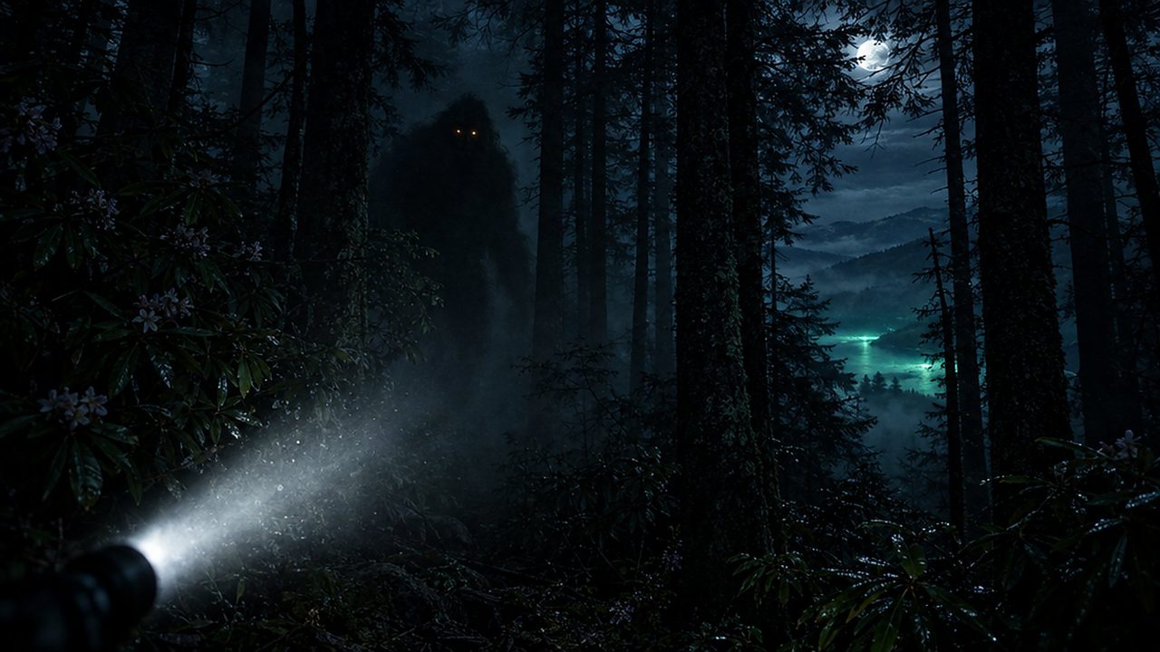 A flashlight beam cutting through a dark forest of hemlocks, a huge shape with glowing eyes among the trees and a teal glow on a lake far below
