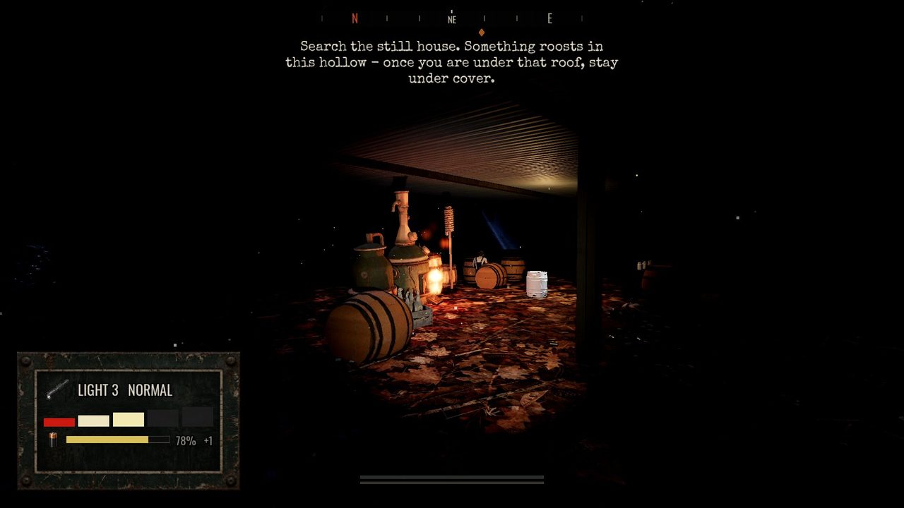 A moonshine still under a wooden shelter at night, barrels and jars lit by a lantern