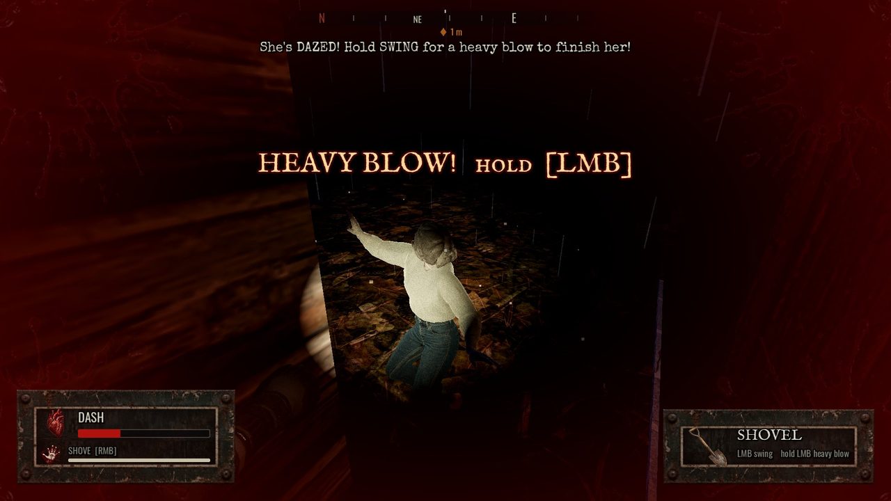 A red-lit cabin room, a possessed figure staggering under the flashlight, the words HEAVY BLOW, HOLD LMB across the screen