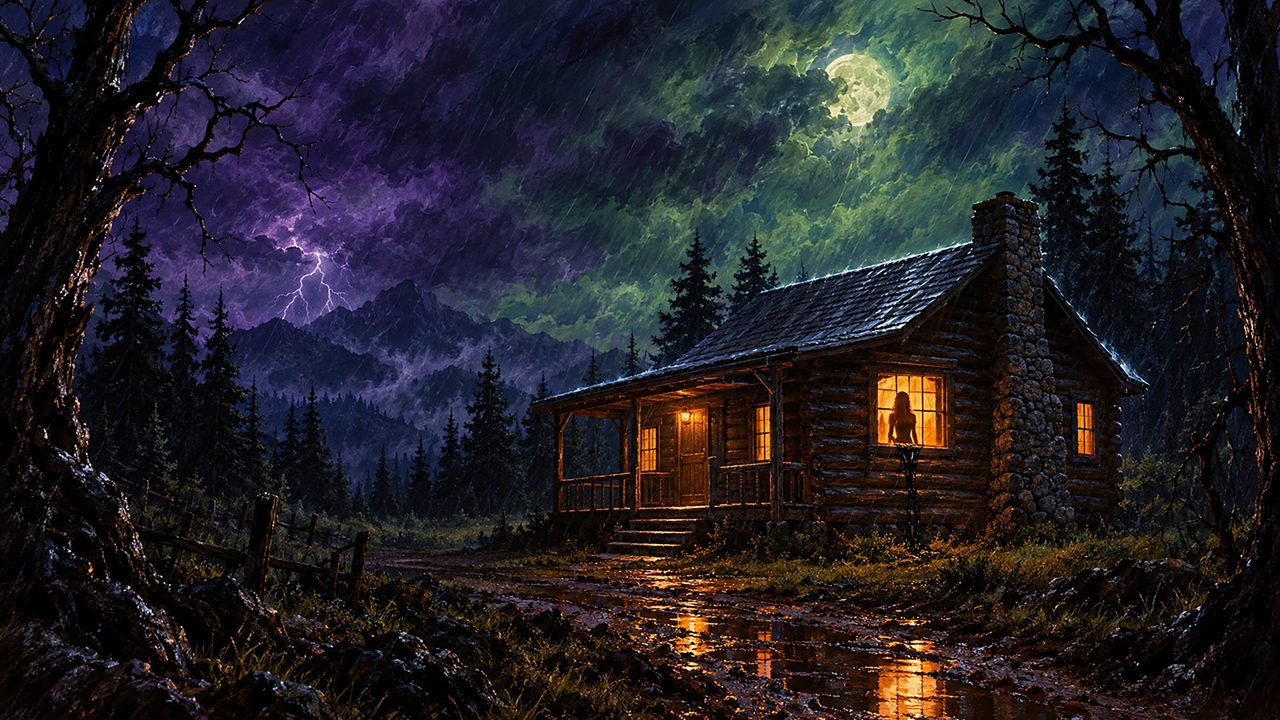 A painted log cabin in a storm at night, lightning over the mountains, warm windows and a figure standing in one of them