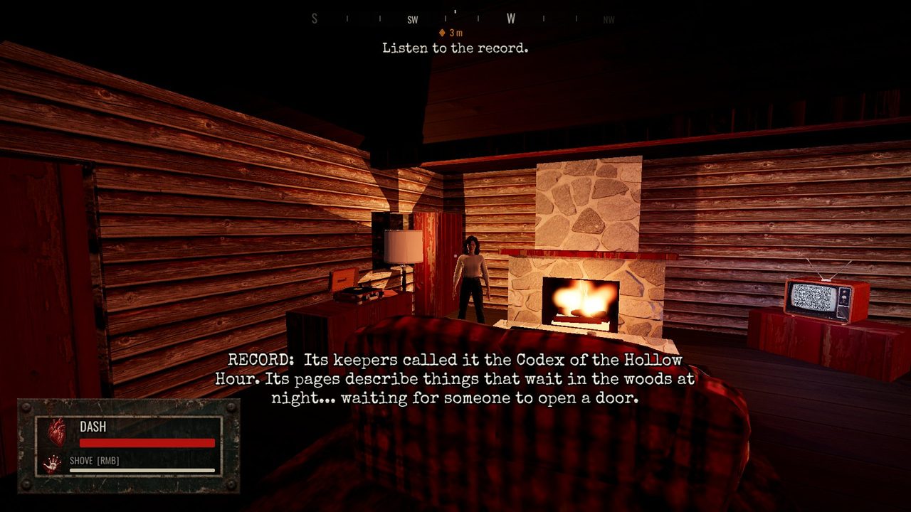 Inside a log cabin by a stone fireplace, Linda standing by the record player while a subtitle quotes the recording