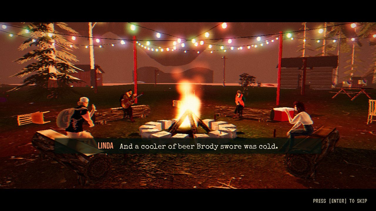 Four counsellors around a campfire under string lights, one playing guitar, a subtitle line from Linda at the bottom