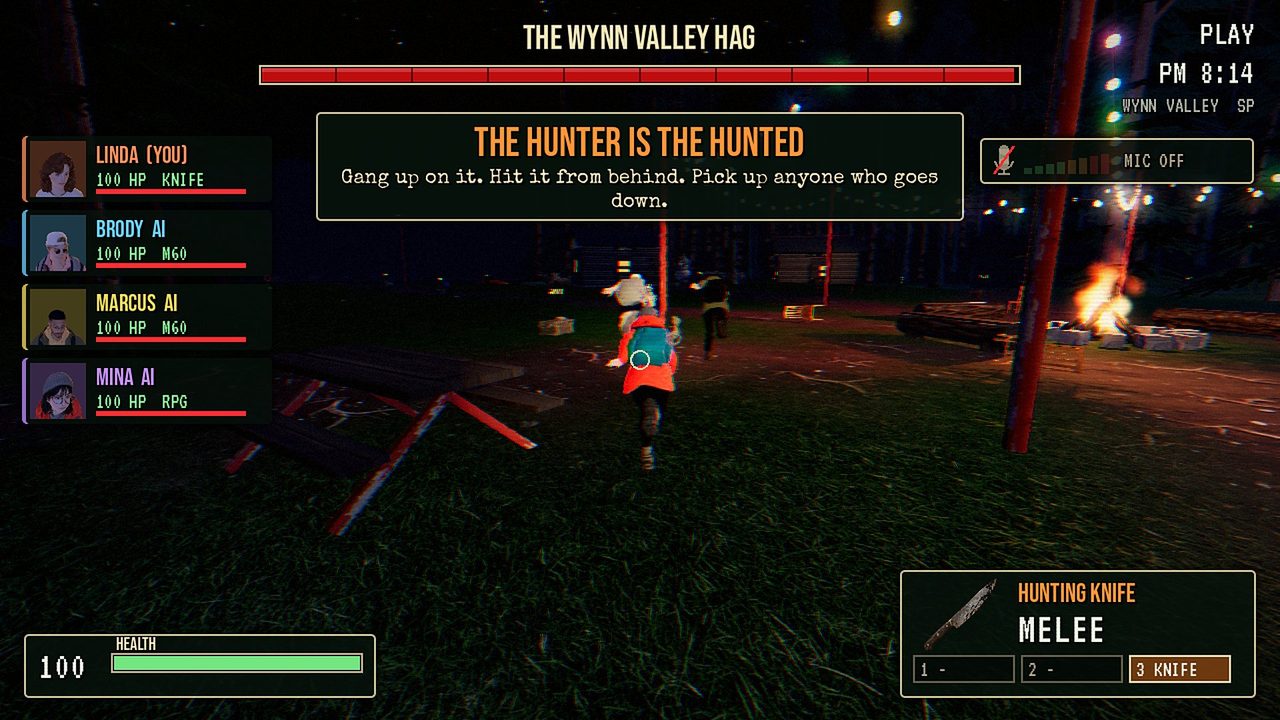 Armed counsellors running across a dark camp toward a monster, a boss health bar at the top and THE HUNTER IS THE HUNTED on screen