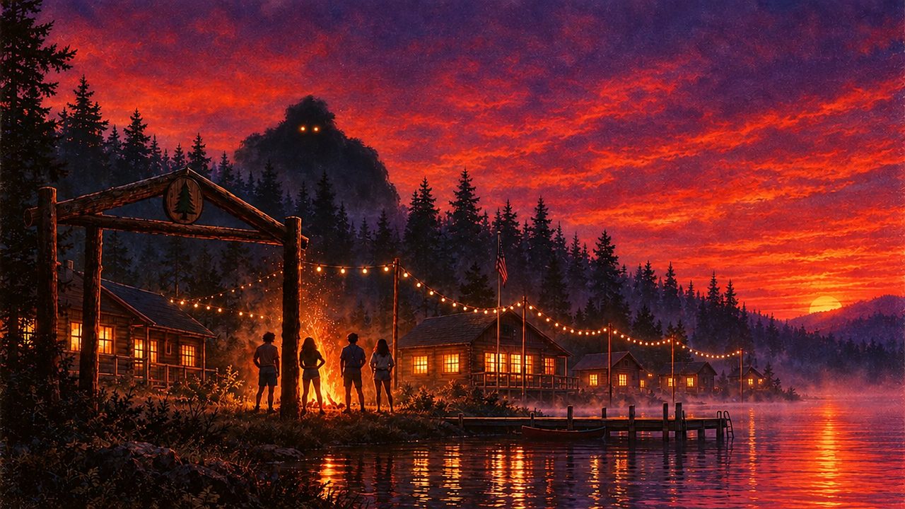 Four camp counsellors silhouetted under a summer camp's entrance arch at sunset, string lights over the lake and a shape with glowing eyes above the trees