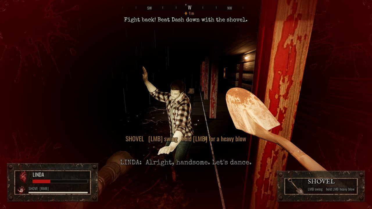 A possessed Dash in a flannel shirt lunging in a red-lit shack, a shovel raised in the foreground and Linda's line as a subtitle