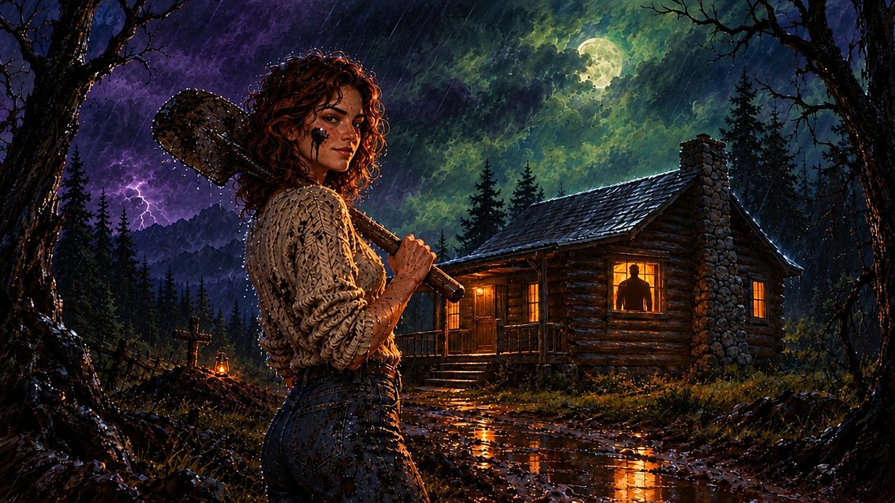 A woman with a muddy shovel on her shoulder in the rain, the same cabin behind her with a man's silhouette in the lit window