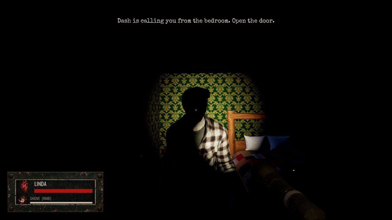 A dark bedroom doorway lit by a flashlight, Dash's silhouette against green wallpaper