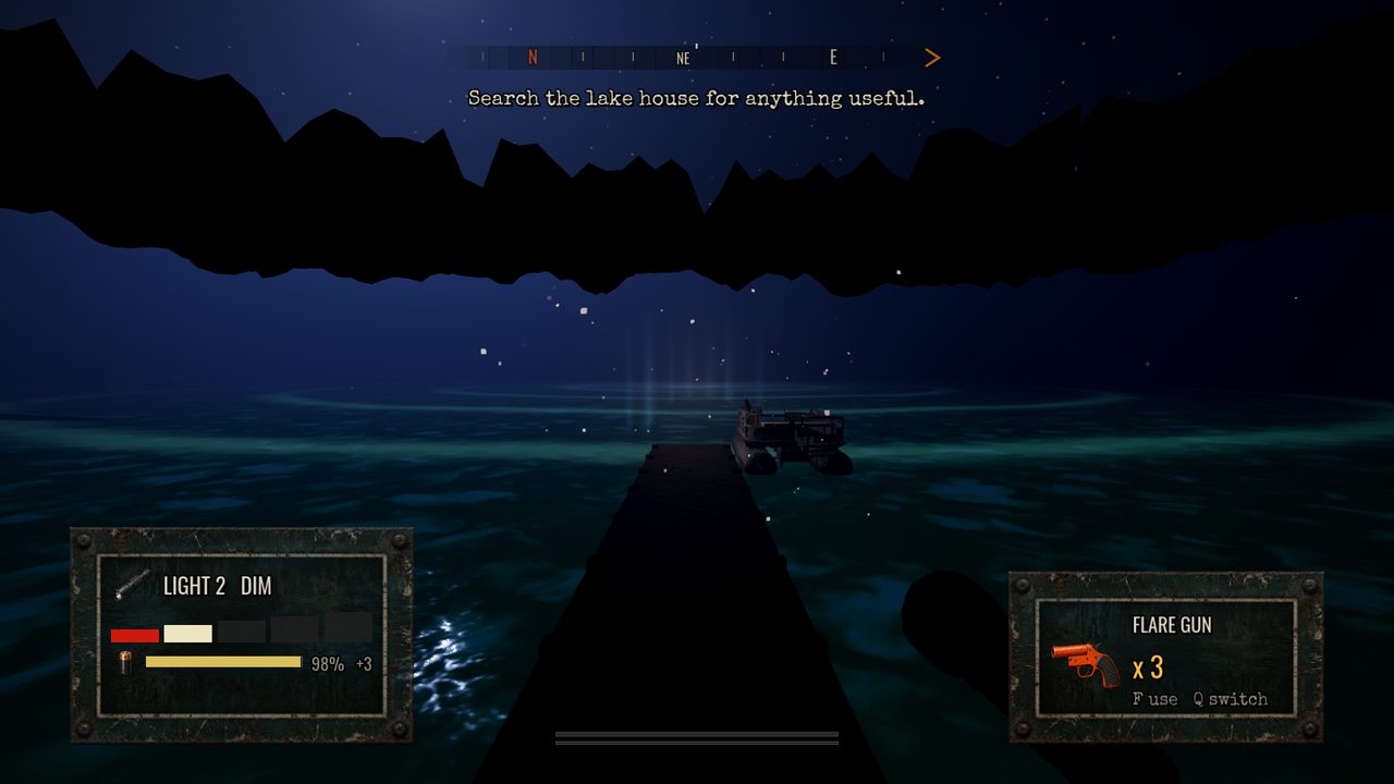 A dock running out into a dark lake under mountains, a pontoon boat at its end and mist glowing over the water
