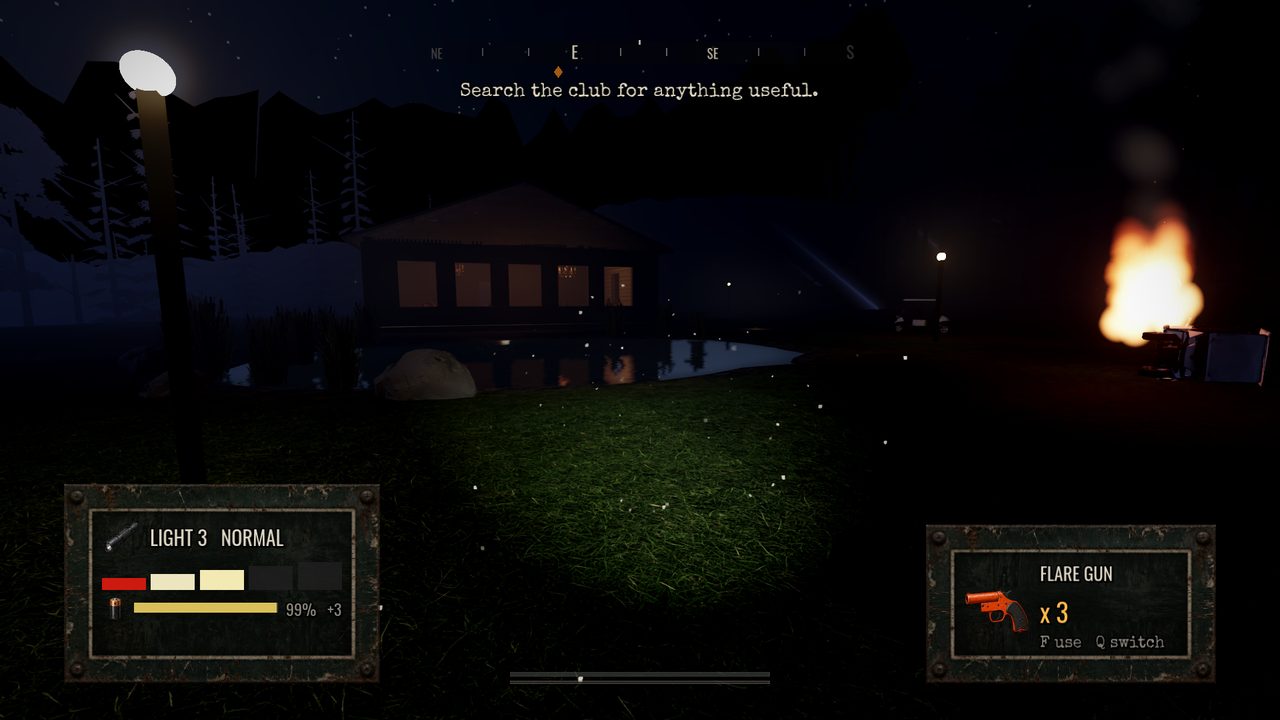 A pond at night reflecting the country club's lit windows and the trees, a golf cart burning on the lawn to the right