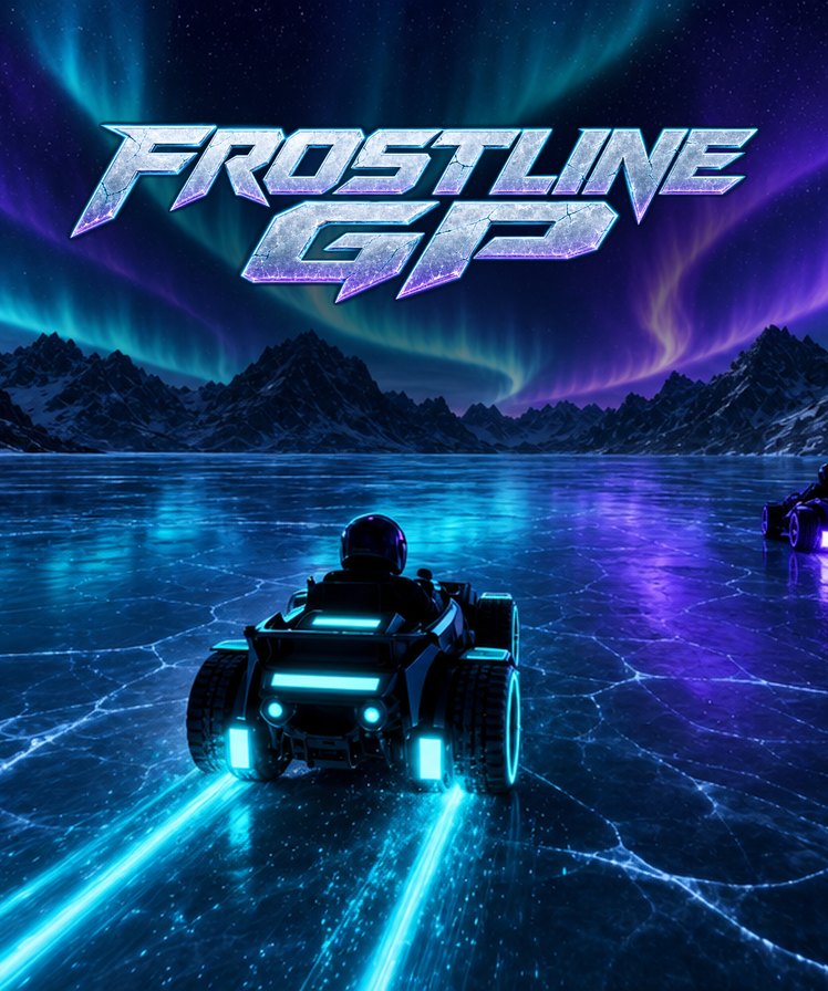 A Steam vertical capsule for Frostline GP: the logo over a portrait crop of the karts and the aurora