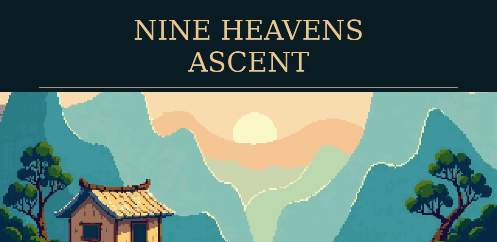 A 1024 by 500 feature graphic: the title Nine Heavens Ascent in a band above the mountain hut key art
