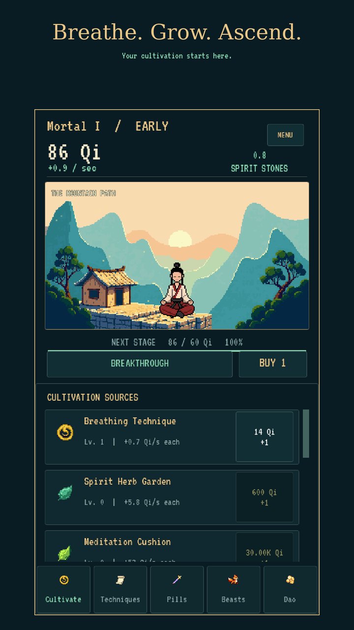 A captioned phone store screenshot: Breathe, Grow, Ascend, above a framed capture of the game's cultivation screen