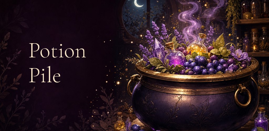 A Google Play feature graphic for Potion Pile: the title in a serif beside the cauldron key art