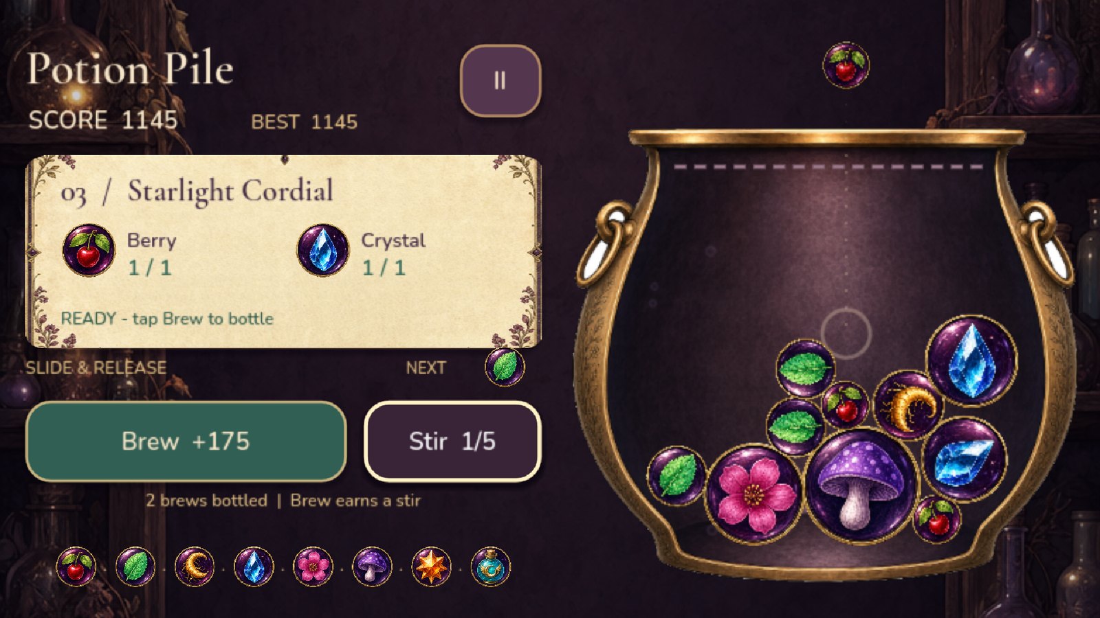 A landscape itch.io screenshot for Potion Pile: recipe card on the left, cauldron full of ingredients on the right
