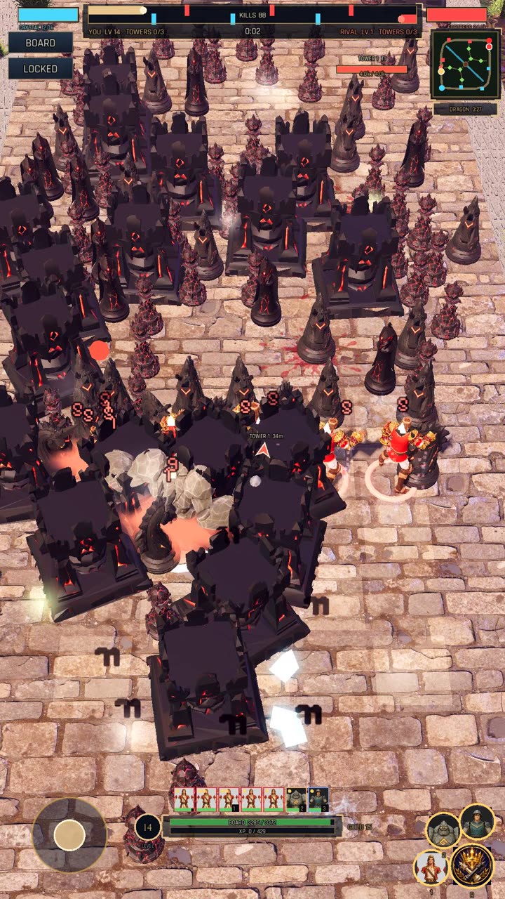 Pawnstorm Survive gameplay: a formation of heroes surrounded by dark chess pieces