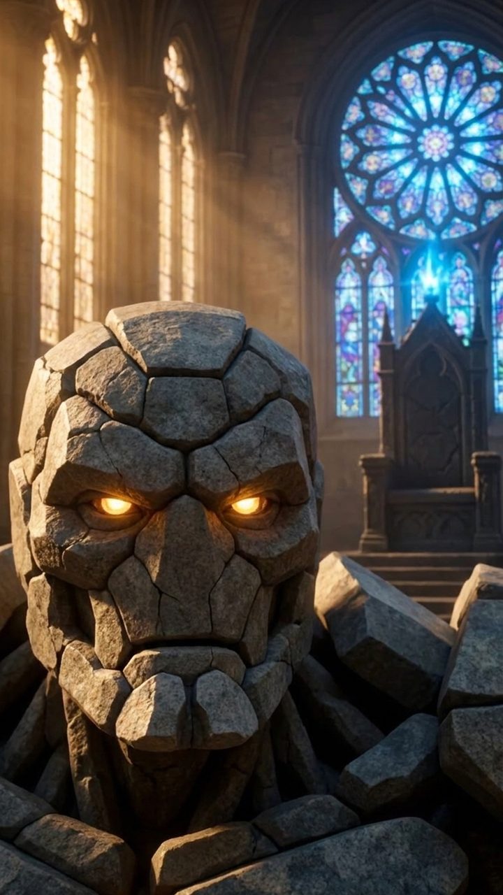Close-up of the stone golem's face with glowing amber eyes