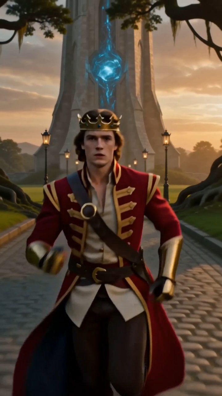 The crowned prince walking toward the camera on a cobbled road at dusk, from the original intro
