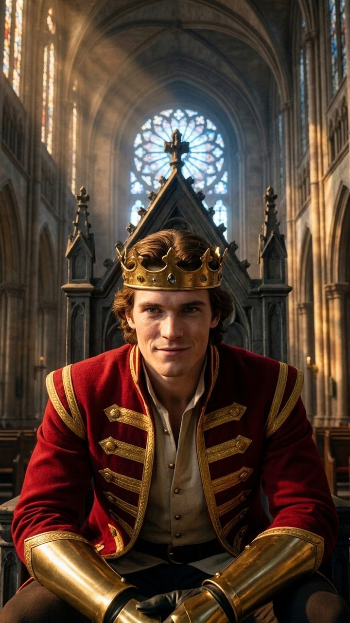 The same prince seated on a stone throne in a gothic hall, smiling coldly
