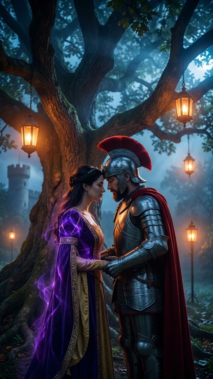 The queen and the knight standing close under a great tree at night