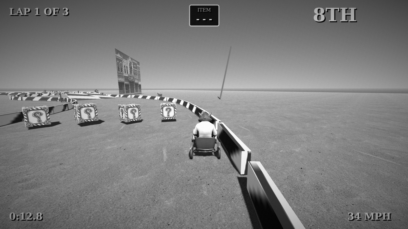 In-race view of Monster Karts: the Wolf Man's kart on a black and
      white track, lap counter, position and speed readouts around the edge of
      the screen