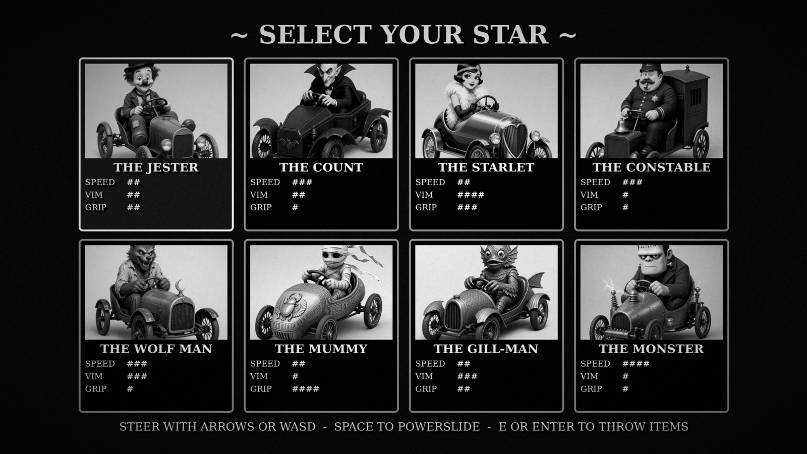 Monster Karts character select: eight monster drivers in black and
      white, each with speed, vim and grip ratings, under the heading SELECT
      YOUR STAR