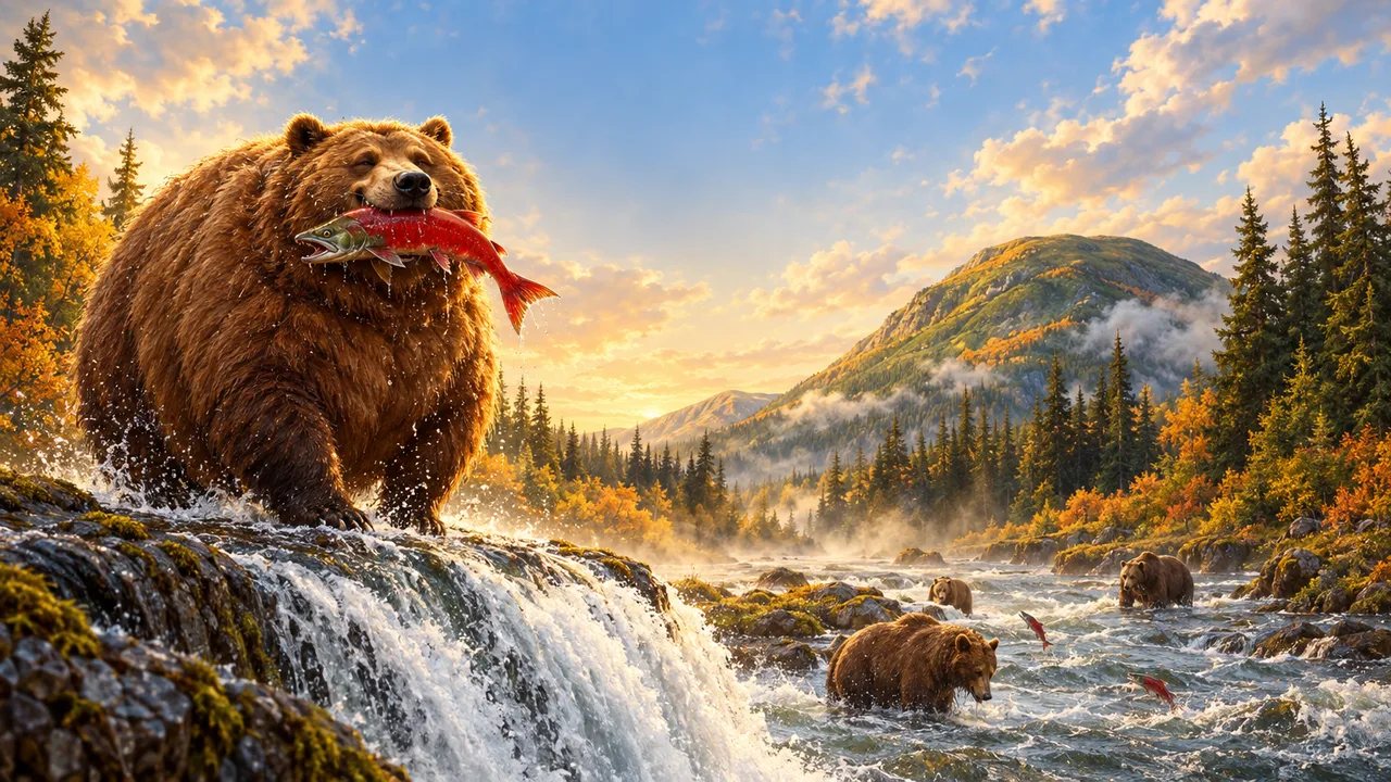 a very round brown bear holding a salmon at the top of a waterfall with other bears fishing below