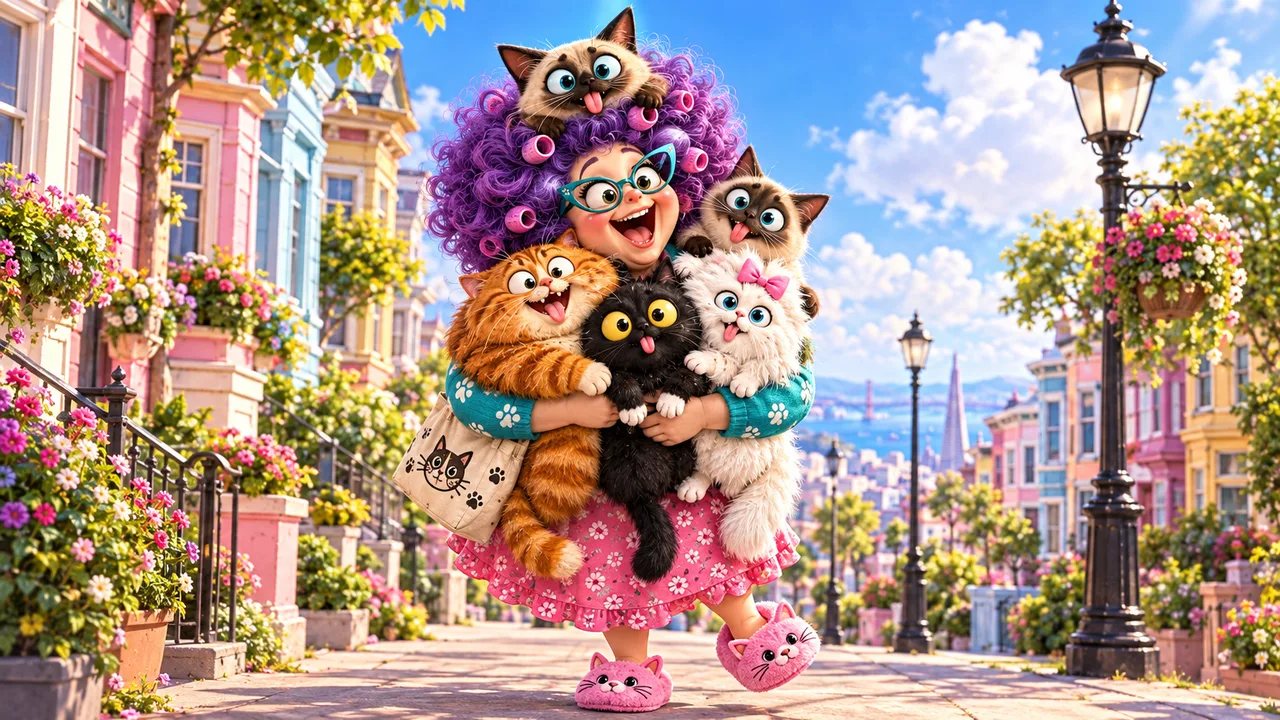 a cat lady with purple curls and curlers hugging an armful of cartoon cats on a sunny street, one cat on her head