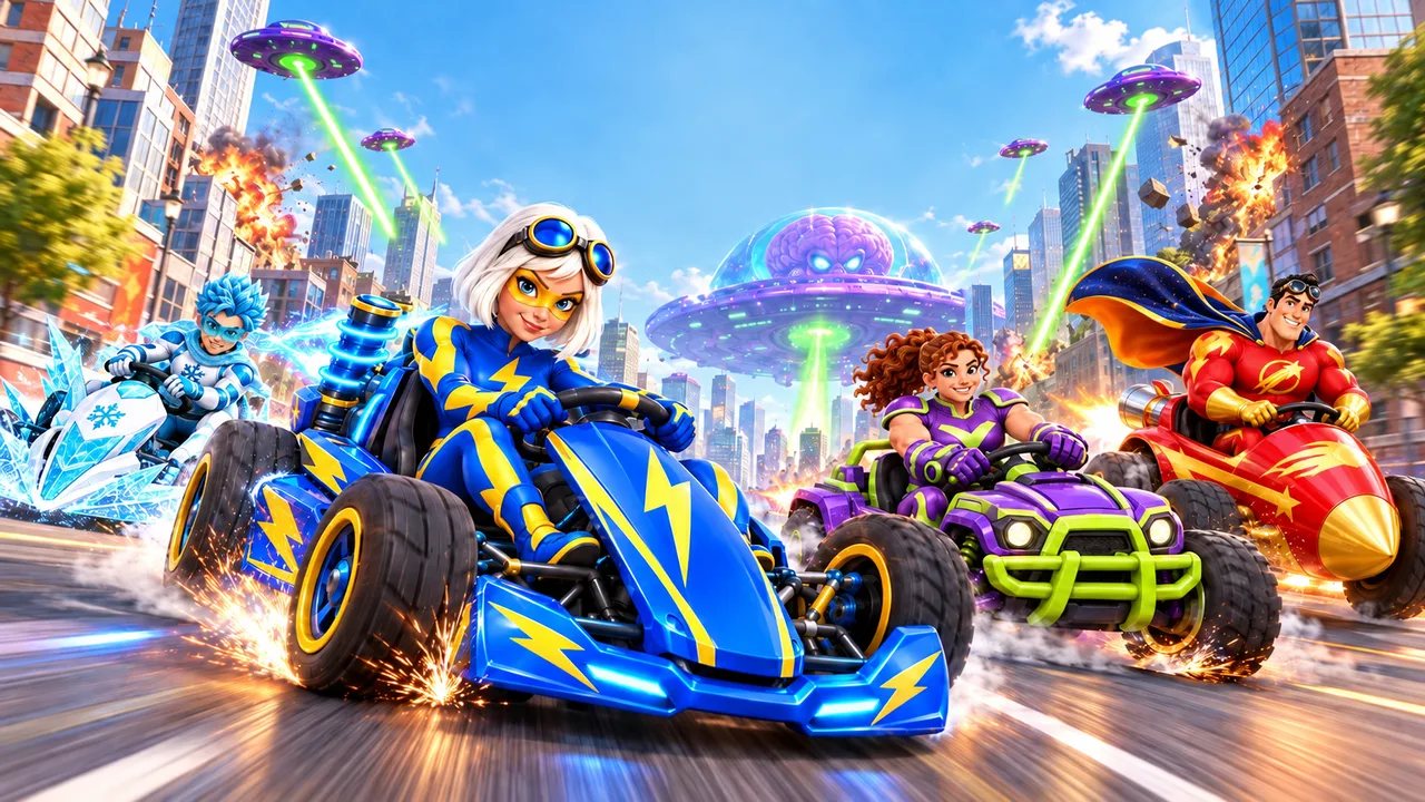four heroes racing karts down a city street under flying saucers and a brain-shaped alien mothership