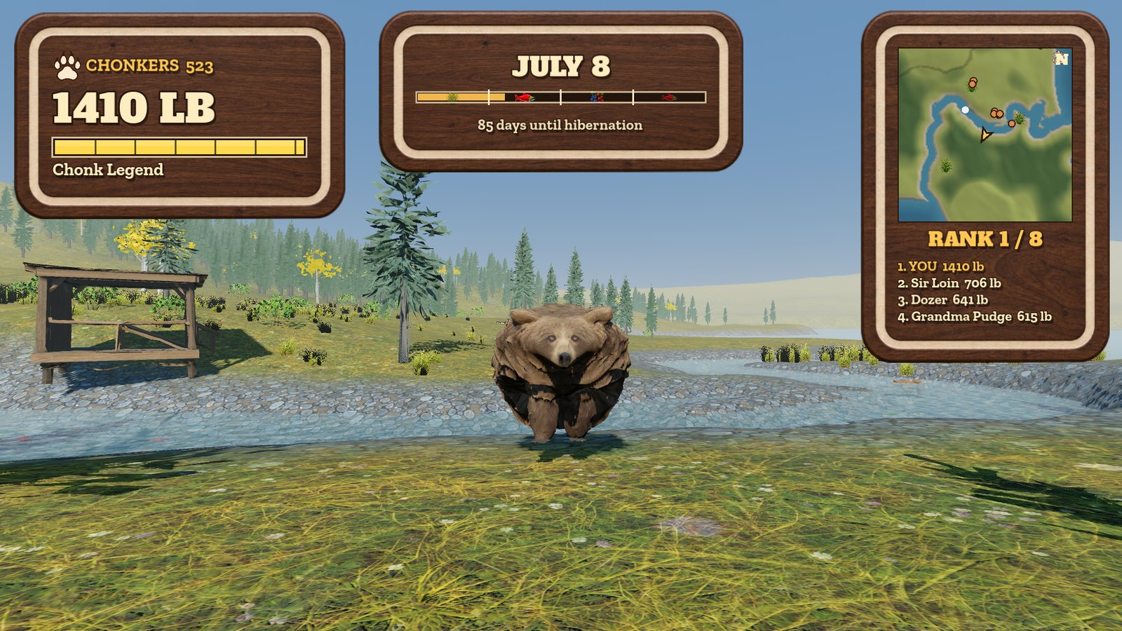 A large round brown bear sits in a shallow river beside the leaderboard.