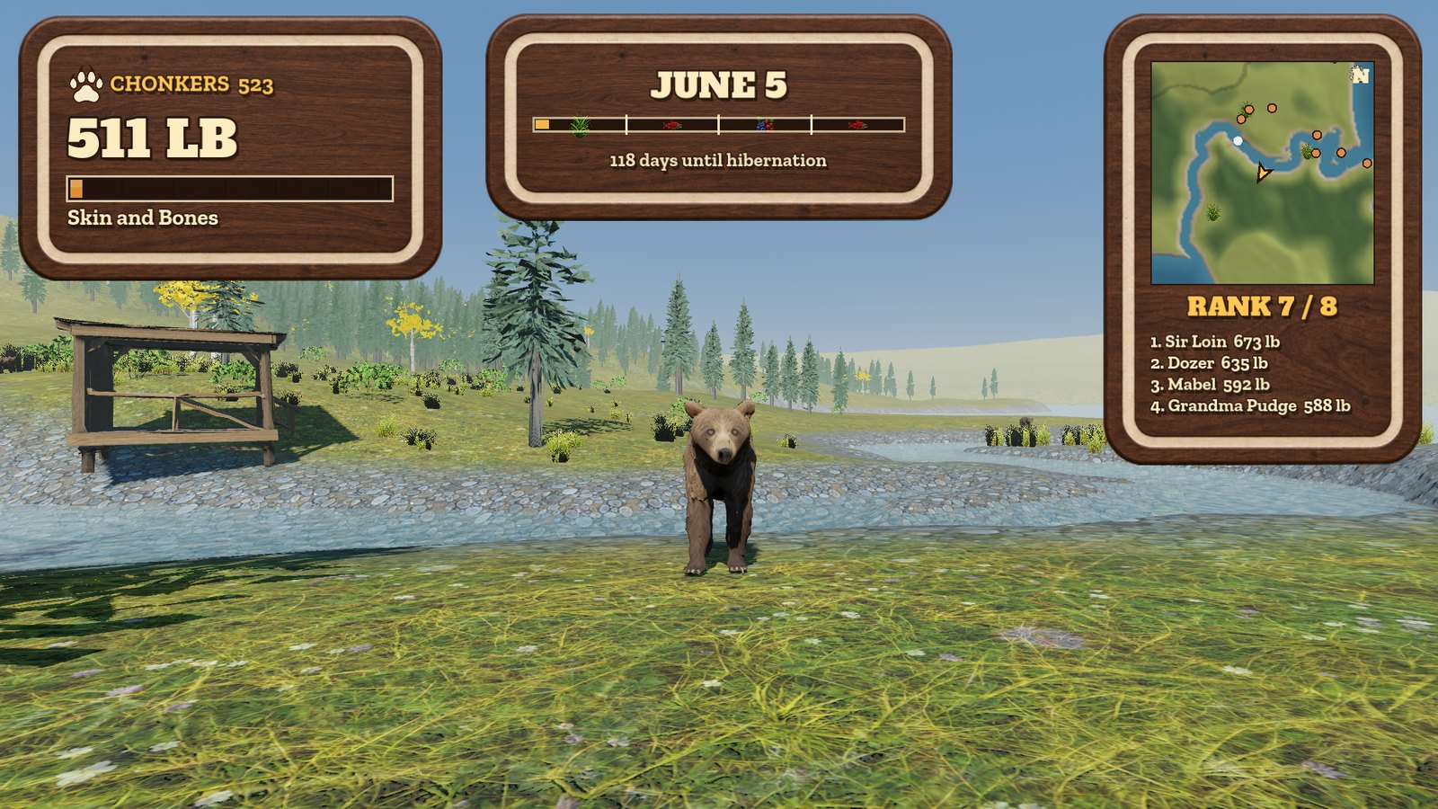 A thin brown bear stands beside a rocky river under a June seasonal banner.
