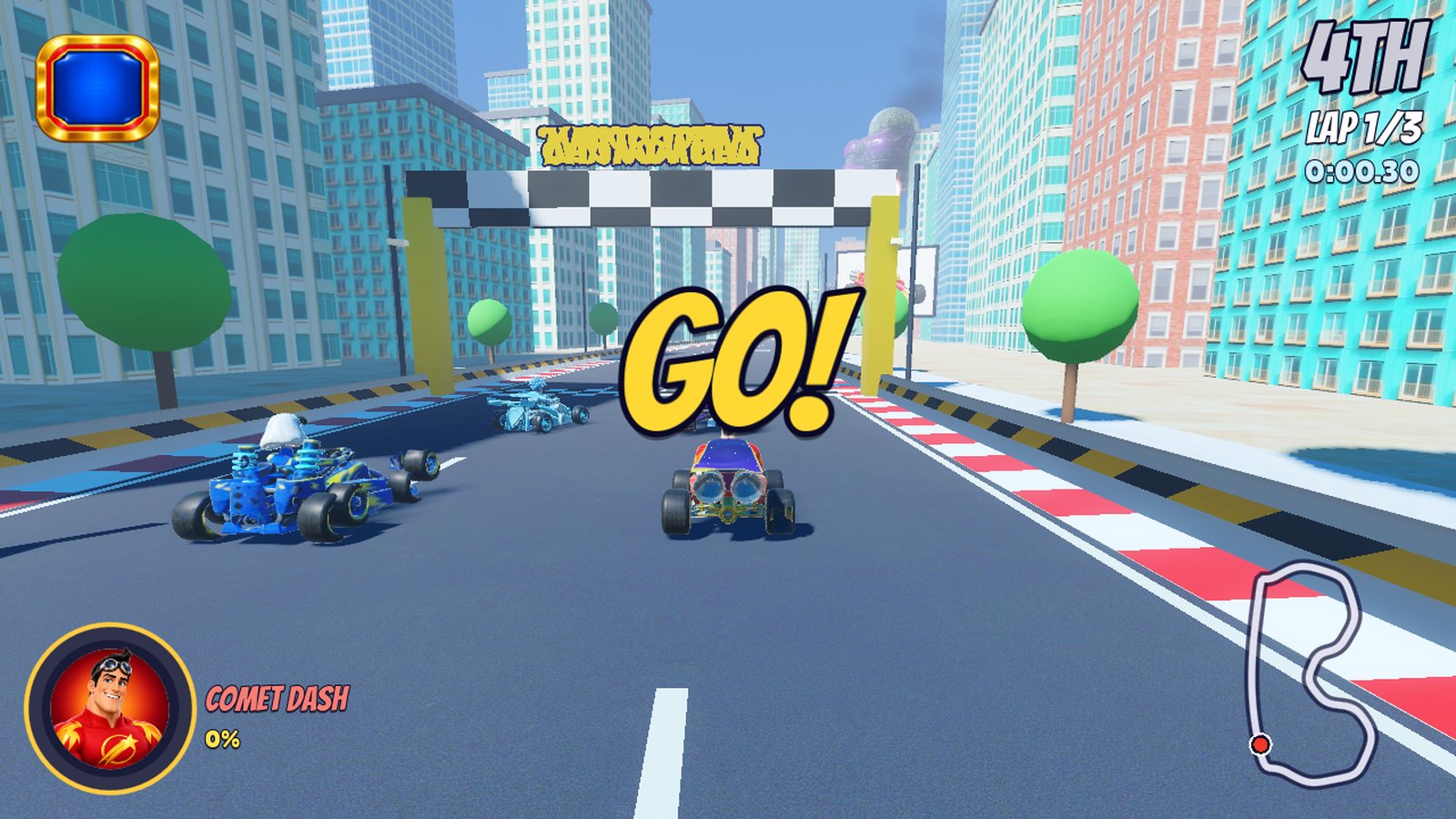 Rear view of three karts at a city race start beneath a checkered gantry.
