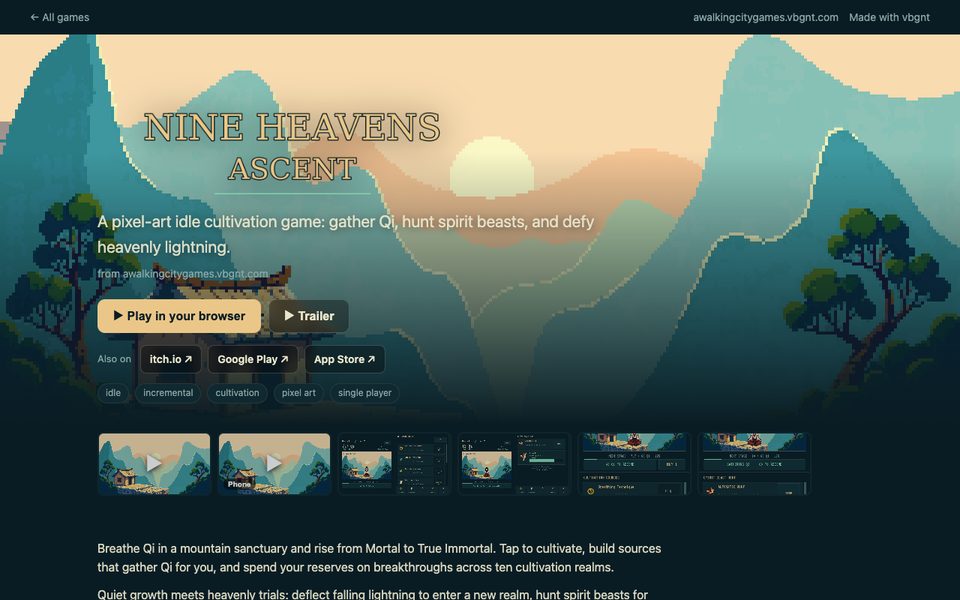 A published game page with hero art, a play button and screenshots