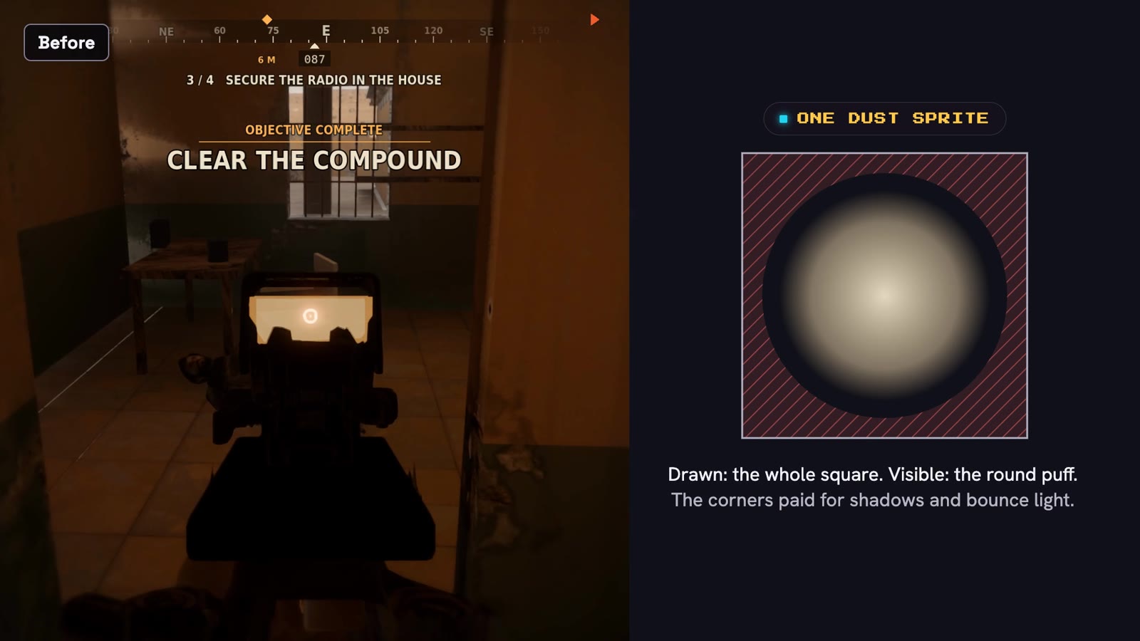 A first-person view down a dim house hallway beside a diagram of one dust sprite: a soft round puff inside a hatched square.