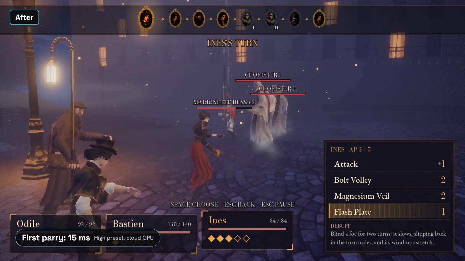A turn-based fight on a gaslit cobbled street at night, three party members facing two hooded choristers and a marionette hussar, with a label reading First parry: 15 ms, High preset, cloud GPU.