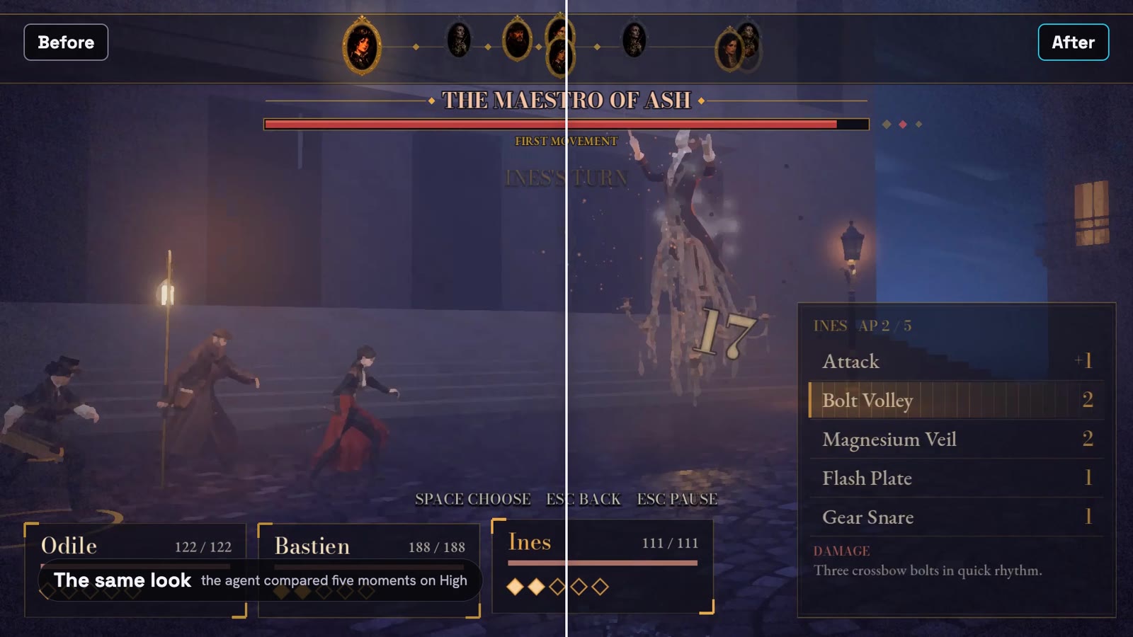 A boss fight split down the middle by a wipe, labelled Before on the left and After on the right, with matching lighting, fog and characters on both sides.