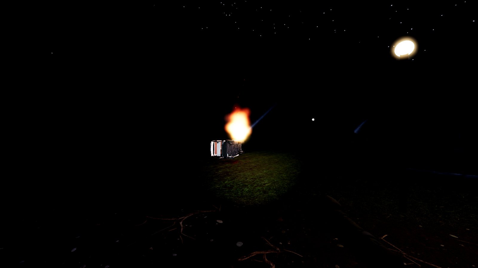 A burning golf cart at night on a country club lawn, browser renderer: the flames against near-total black.