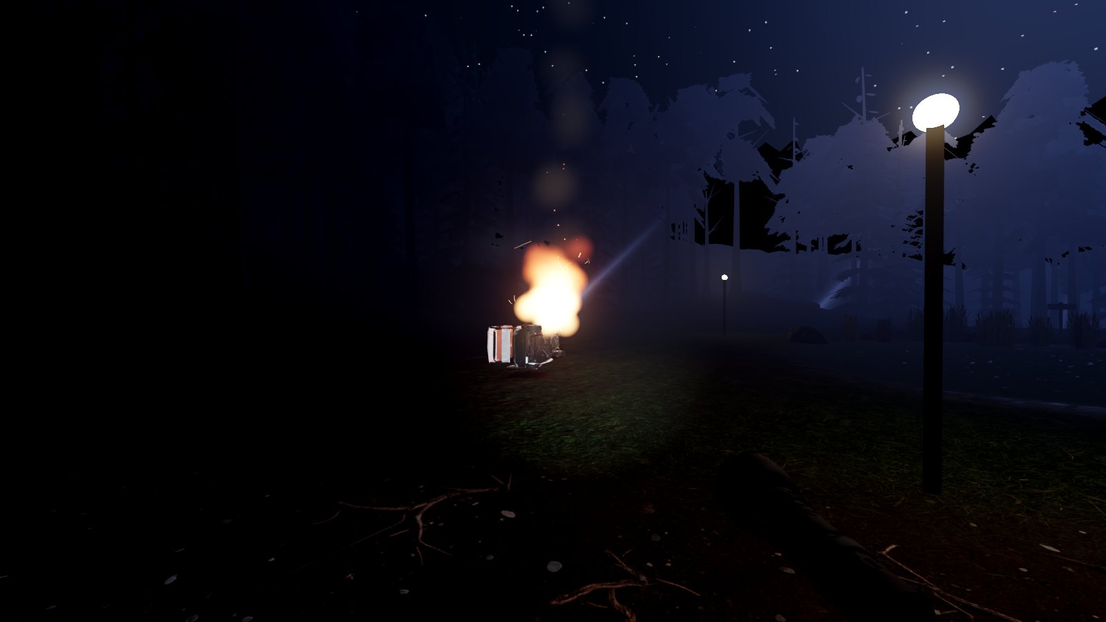 The same burning golf cart on the desktop renderer: smoke rising through volumetric fog, a lit streetlamp and a misty treeline.