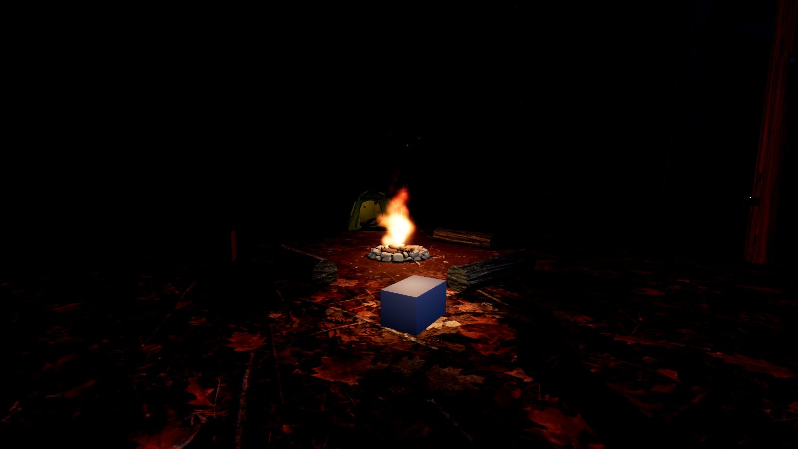 A campfire in a forest clearing at night, browser renderer: a bright fire on dark ground.
