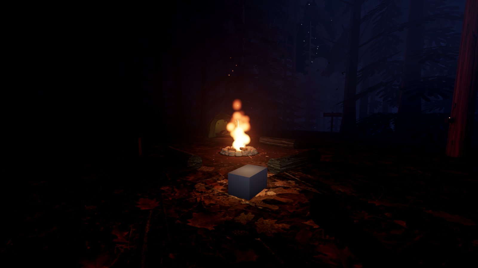 The same campfire on the desktop renderer: glowing smoke over the clearing, rising embers and the forest visible through fog.