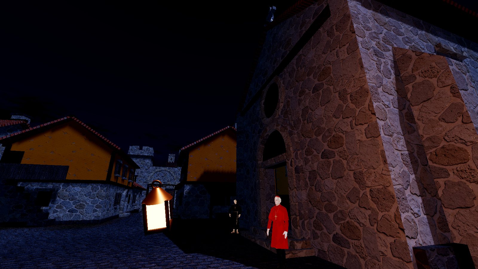A stone church at night lit by a hand lantern, browser renderer: the wall looks cold and blue-white.